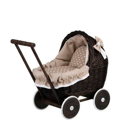 Dark Painted Wicker Doll Pram – Beige Bedding SpeelSterk.nl