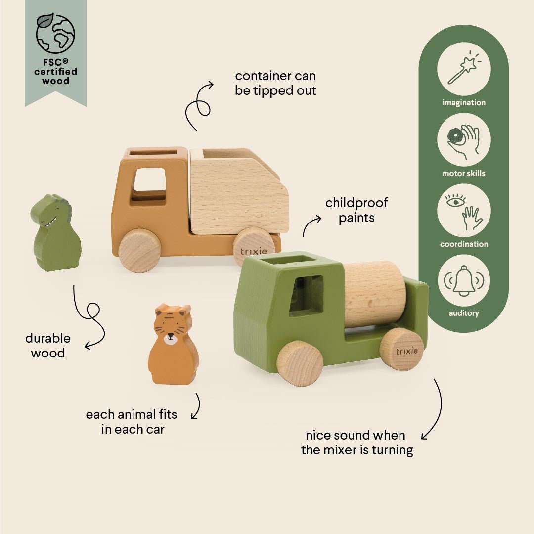 Houten Bouwvoertuigen - Mixerset en Kiepwagen - Veilig en Kleurrijk - SpeelSterk SpeelSterk