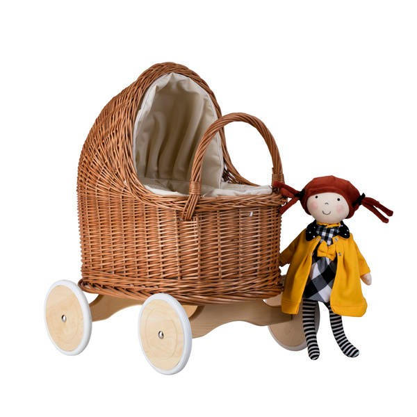 Natural Wicker Doll Pram – Beige Bedding SpeelSterk.nl