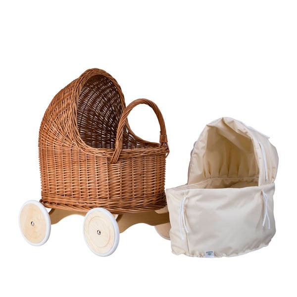Natural Wicker Doll Pram – Beige Bedding SpeelSterk.nl