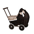 Dark Painted Wicker Doll Pram – Beige Bedding