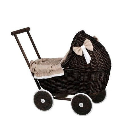 Dark Painted Wicker Doll Pram – Beige Bedding SpeelSterk.nl