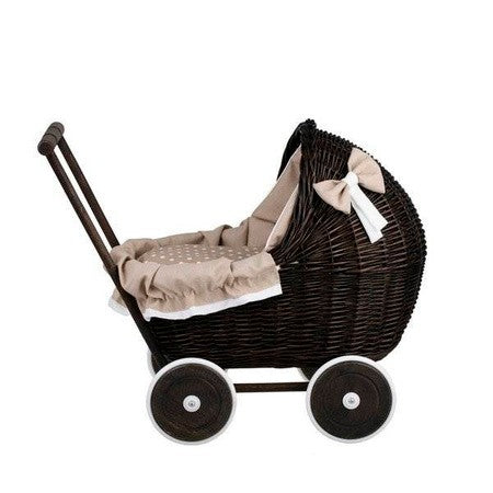 Dark Painted Wicker Doll Pram – Beige Bedding SpeelSterk.nl