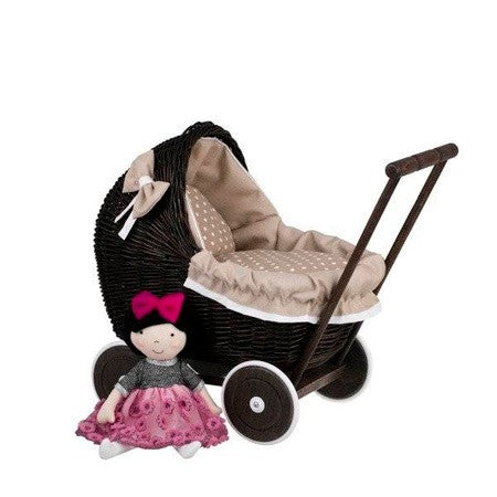 Dark Painted Wicker Doll Pram – Beige Bedding SpeelSterk.nl
