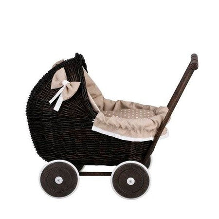 Dark Painted Wicker Doll Pram – Beige Bedding SpeelSterk.nl