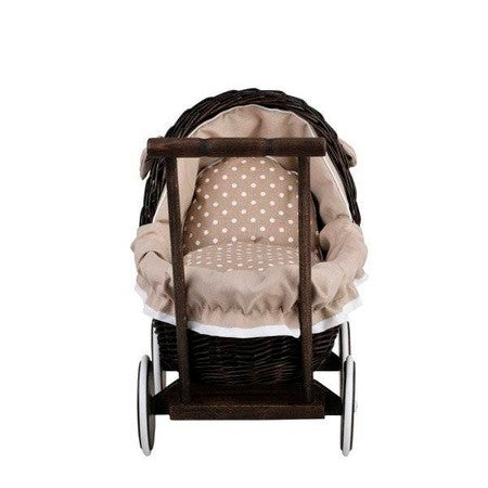 Dark Painted Wicker Doll Pram – Beige Bedding SpeelSterk.nl