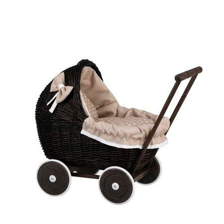 Dark Painted Wicker Doll Pram – Beige Bedding SpeelSterk.nl
