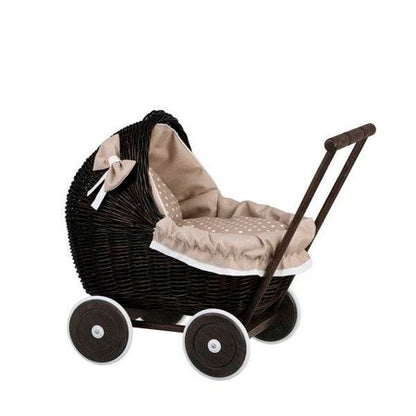 Dark Painted Wicker Doll Pram – Beige Bedding