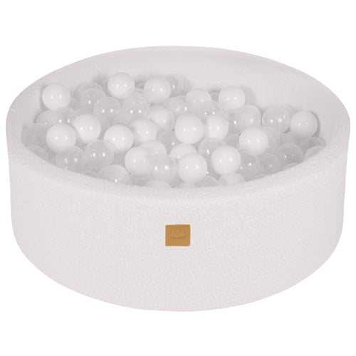 Round Ball Pit with 200 White and Transparent balls, 90x30cm - White Boucle - SpeelSterk.nl